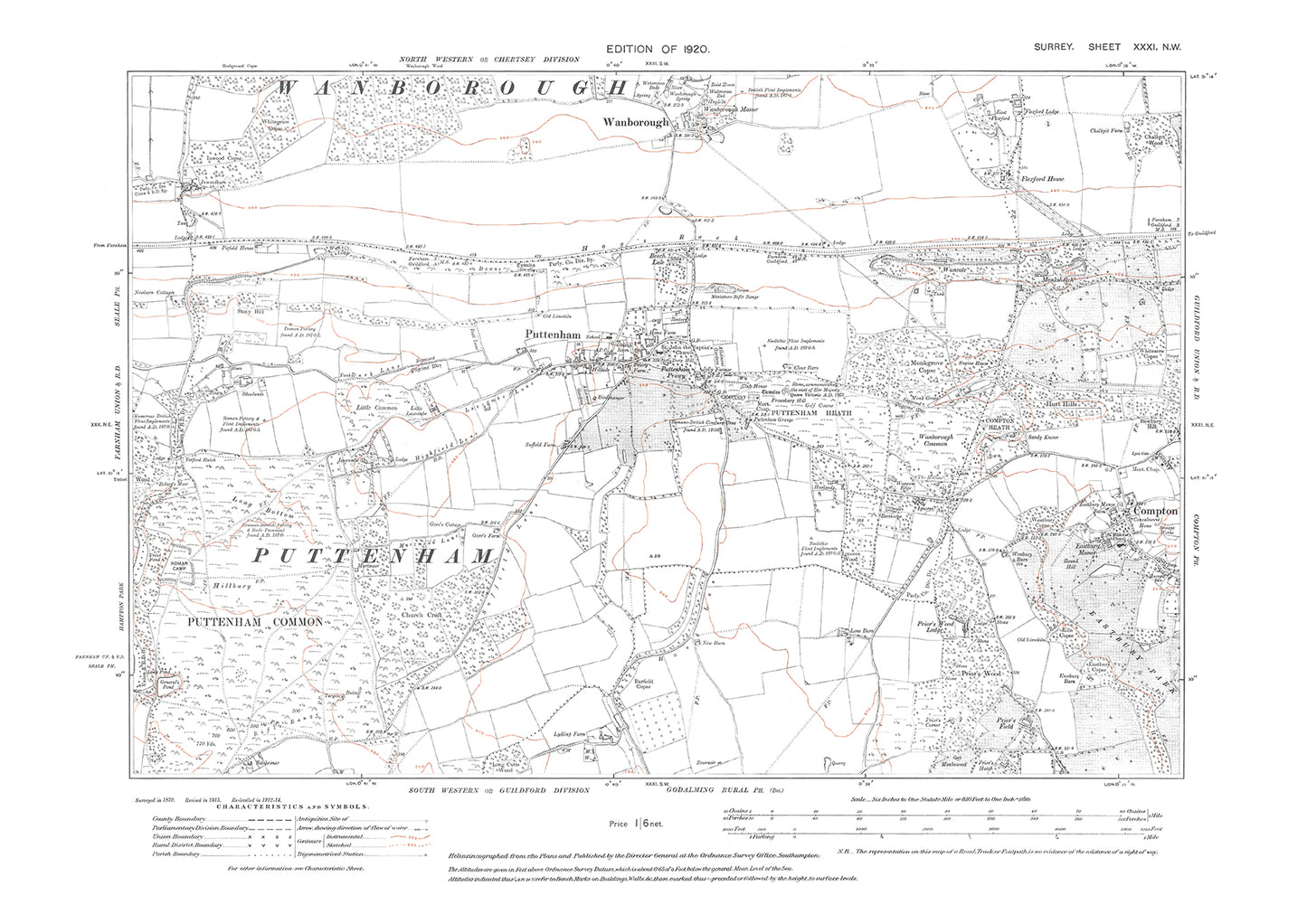 Puttenham, Wanborough, Compton old map Surrey 1920: 31NW