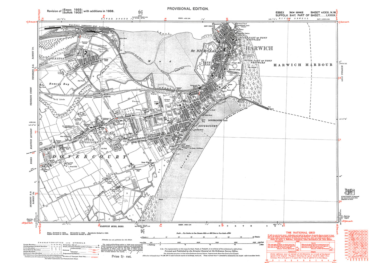 Old OS map dated 1938, showing Harwich, Dovercourt and Parkeston in Essex - 31NW