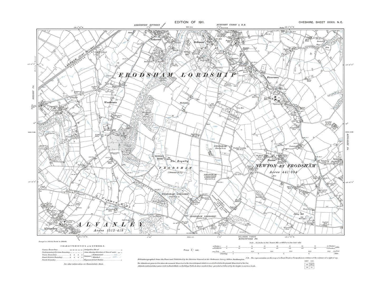 Old OS map dated 1911, showing Frodsham (south), Helsby (east), Newton, Alvanley (north) in Cheshire 32NE