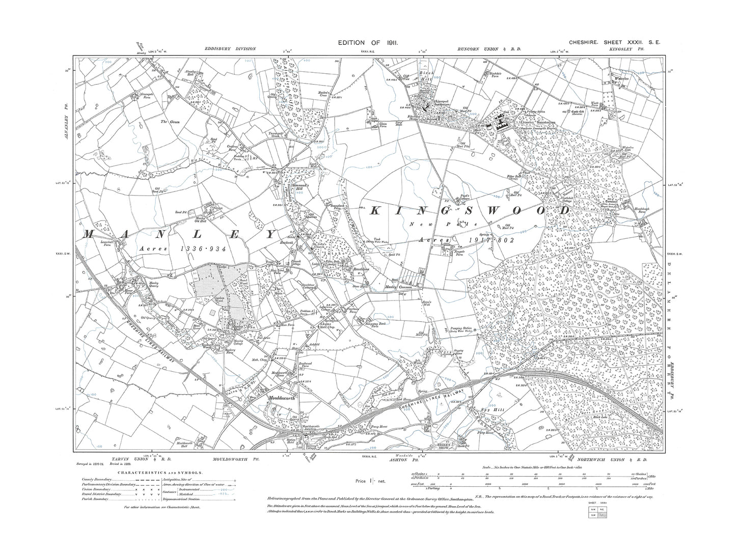 Old OS map dated 1911, showing Mouldsworth (north), Manley, Crossley Sanatorium in Cheshire 32SE