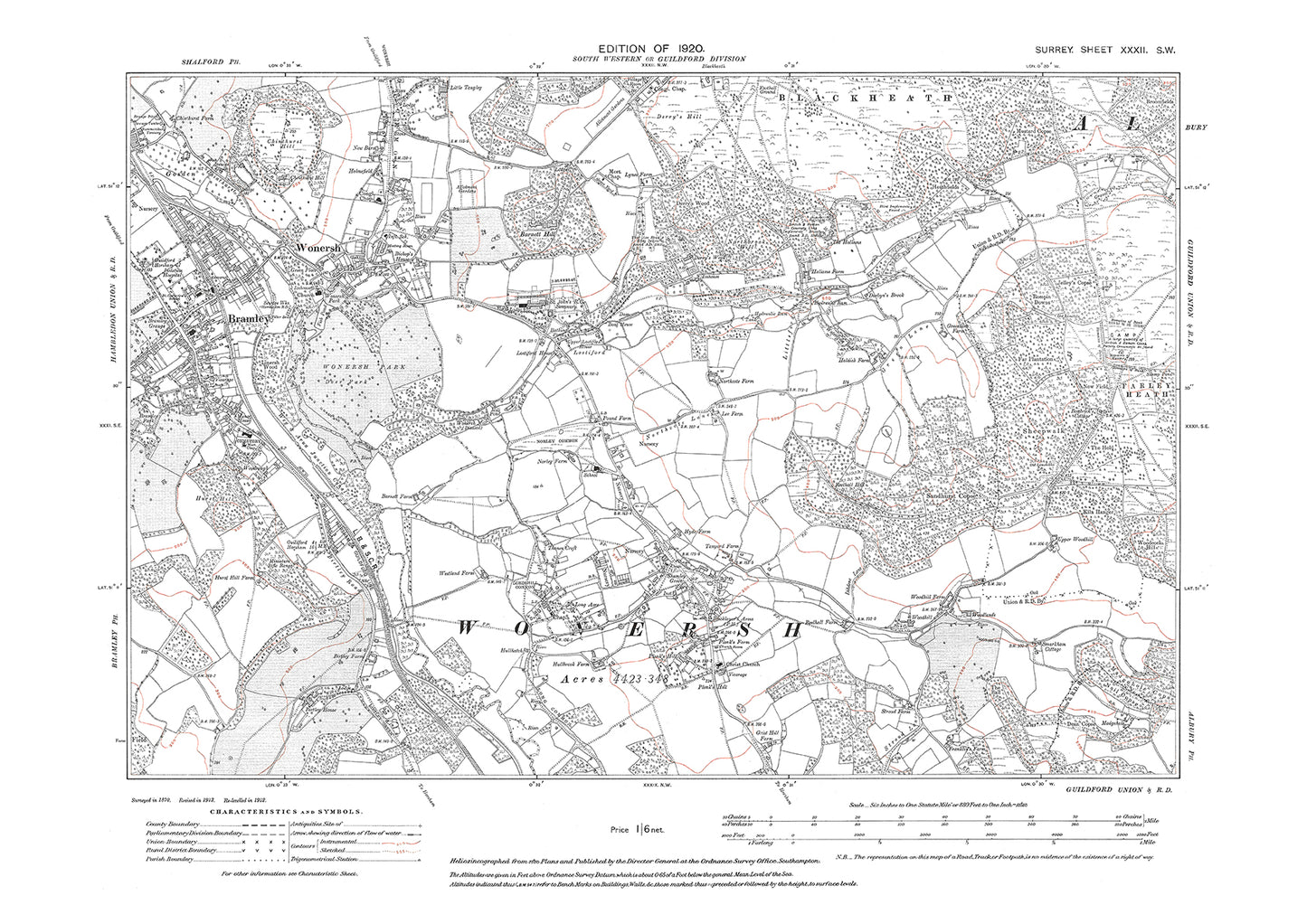 Wonersh, Bramley, Shamley Green old map Surrey 1920: 32SW