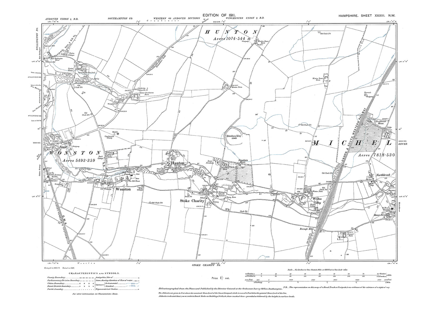 Old OS map dated 1911, showing Hunton, Wonston, Stoke Charity in Hampshire - 33NW