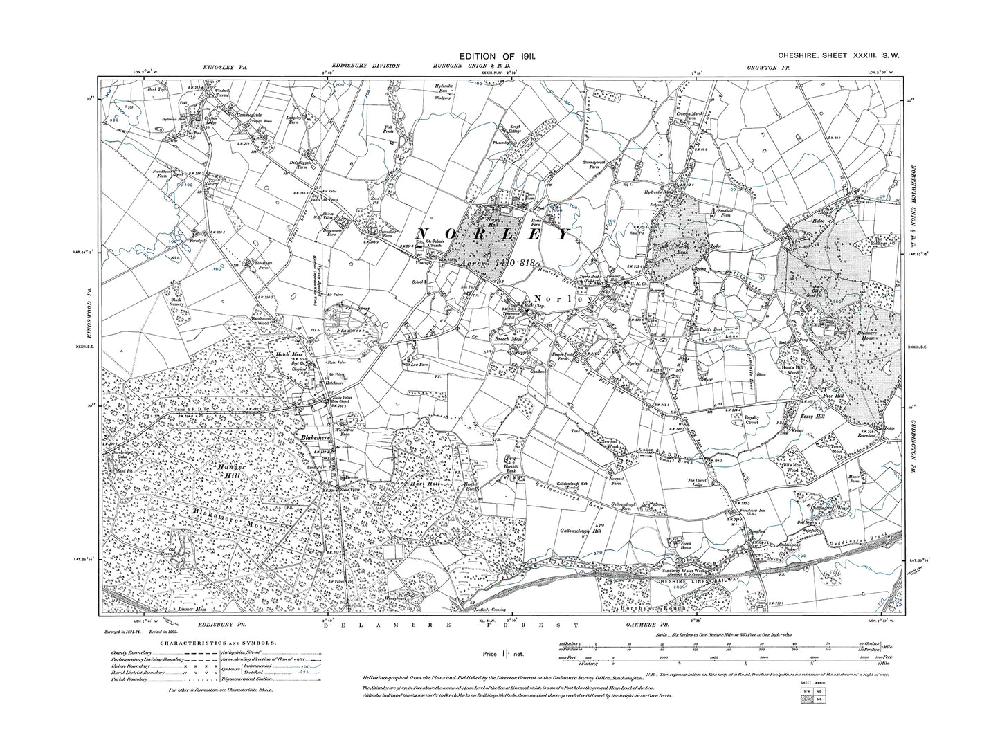 Old OS map dated 1911, showing Kingsley (south), Norley in Cheshire 33SW