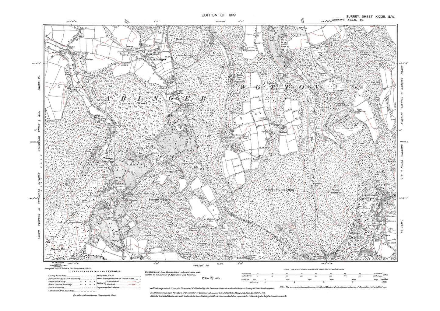 Abinger, Holmbury St Mary, Wotton Common old map Surrey 1919: 33SW