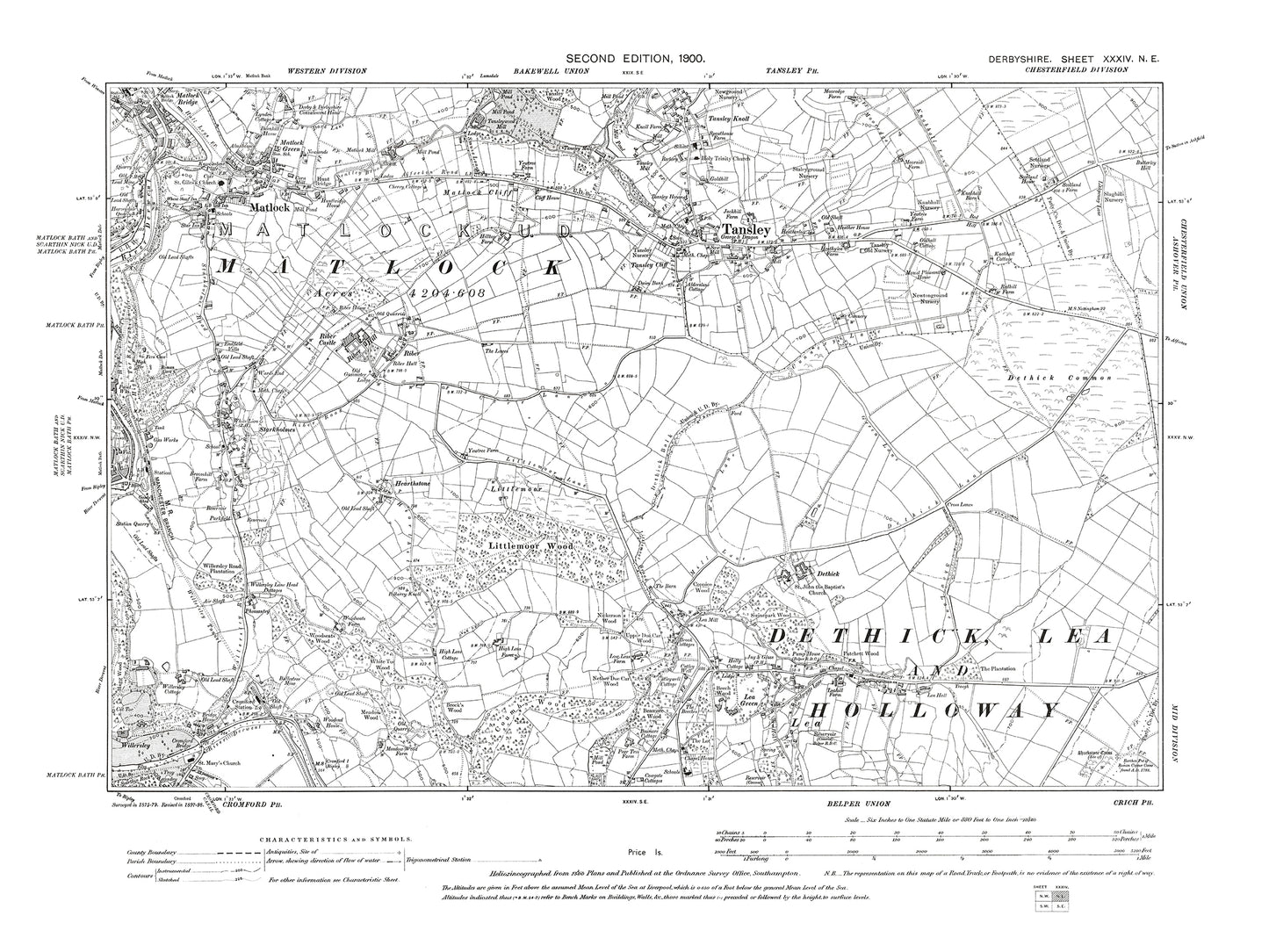 Old OS map dated 1900, showing Tansley, Matlock, Cromford (north) in Derbyshire 34NE