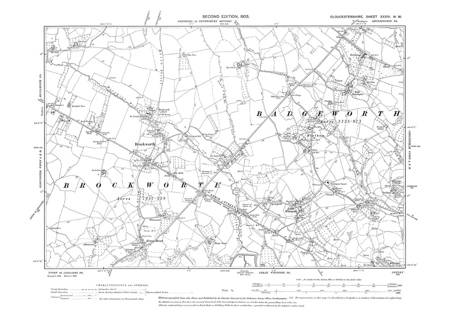 Old OS map dated 1903, showing Brockworth, Bentham, Little Witcombe in Gloucestershire - 34NW