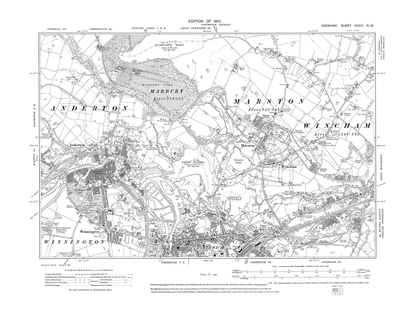 Old OS map dated 1910, showing Northwich (north), Anderton, Wincham, Marston in Cheshire 34NW