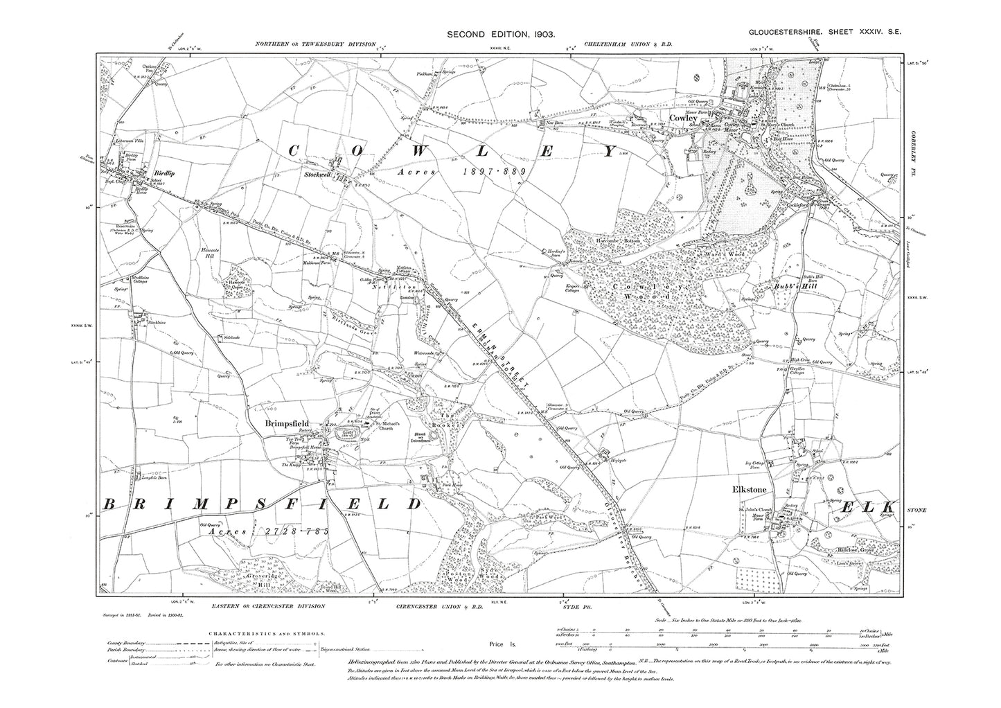 Old OS map dated 1903, showing Brimpsfield, Cowley, Elkstone in Gloucestershire - 34SE