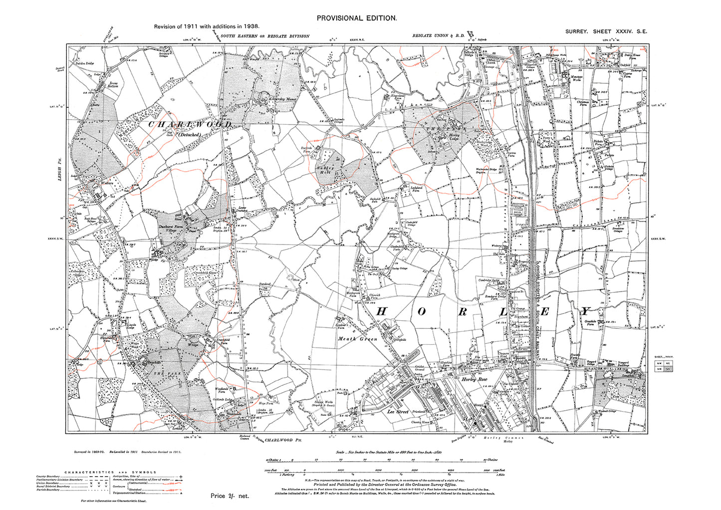 Horley Row, Lee Street, Meath Green old map Surrey 1938: 34SE