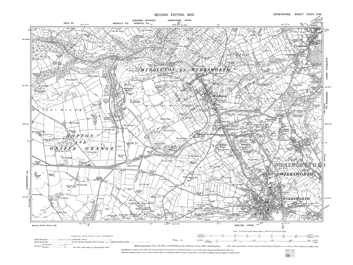 Old OS map dated 1900, showing Middleton, Cromford, Wirksworth in Derbyshire 34SW