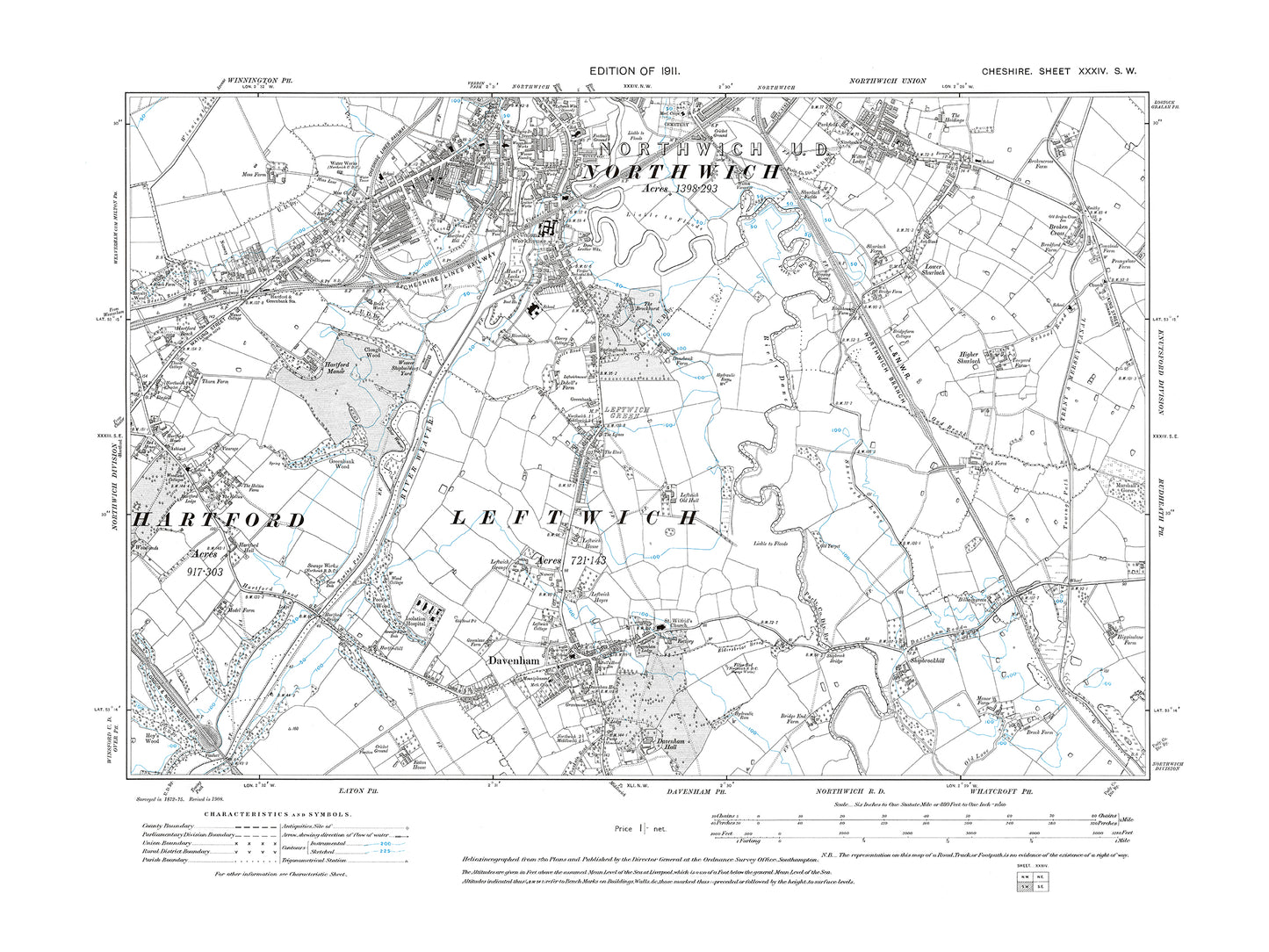 Old OS map dated 1911, showing Northwich (south), Davenham, Leftwich, Hartford in Cheshire 34SW
