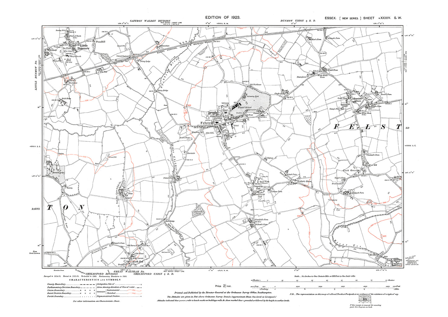Old OS map dated 1923, showing Felsted, Little Dunmow and Bannister Green in Essex - 34SW