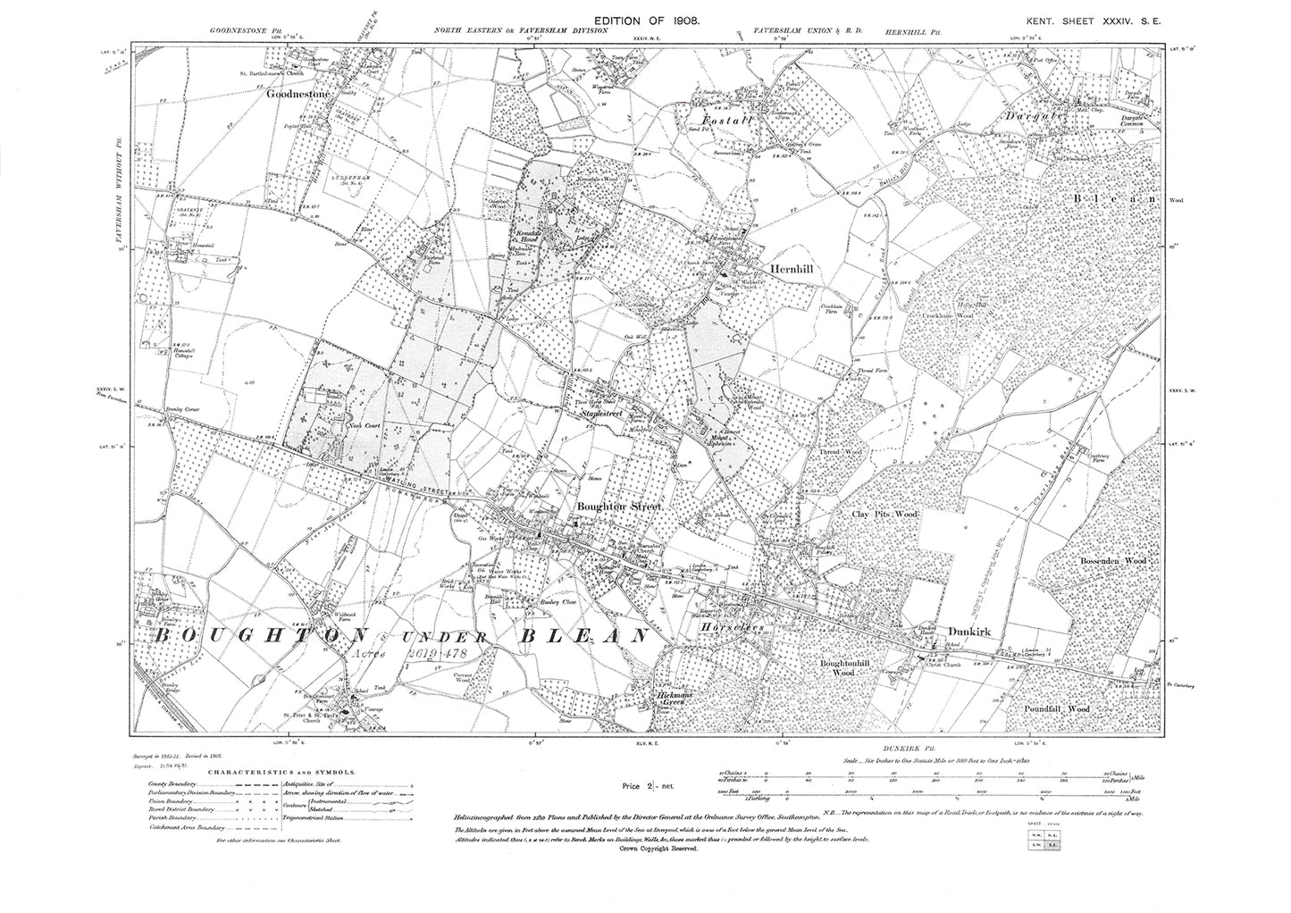 Boughton Street, Hern Hill, Dunkirk, Boughton under Blean, Goodnestone, old map Kent 1908: 34SE