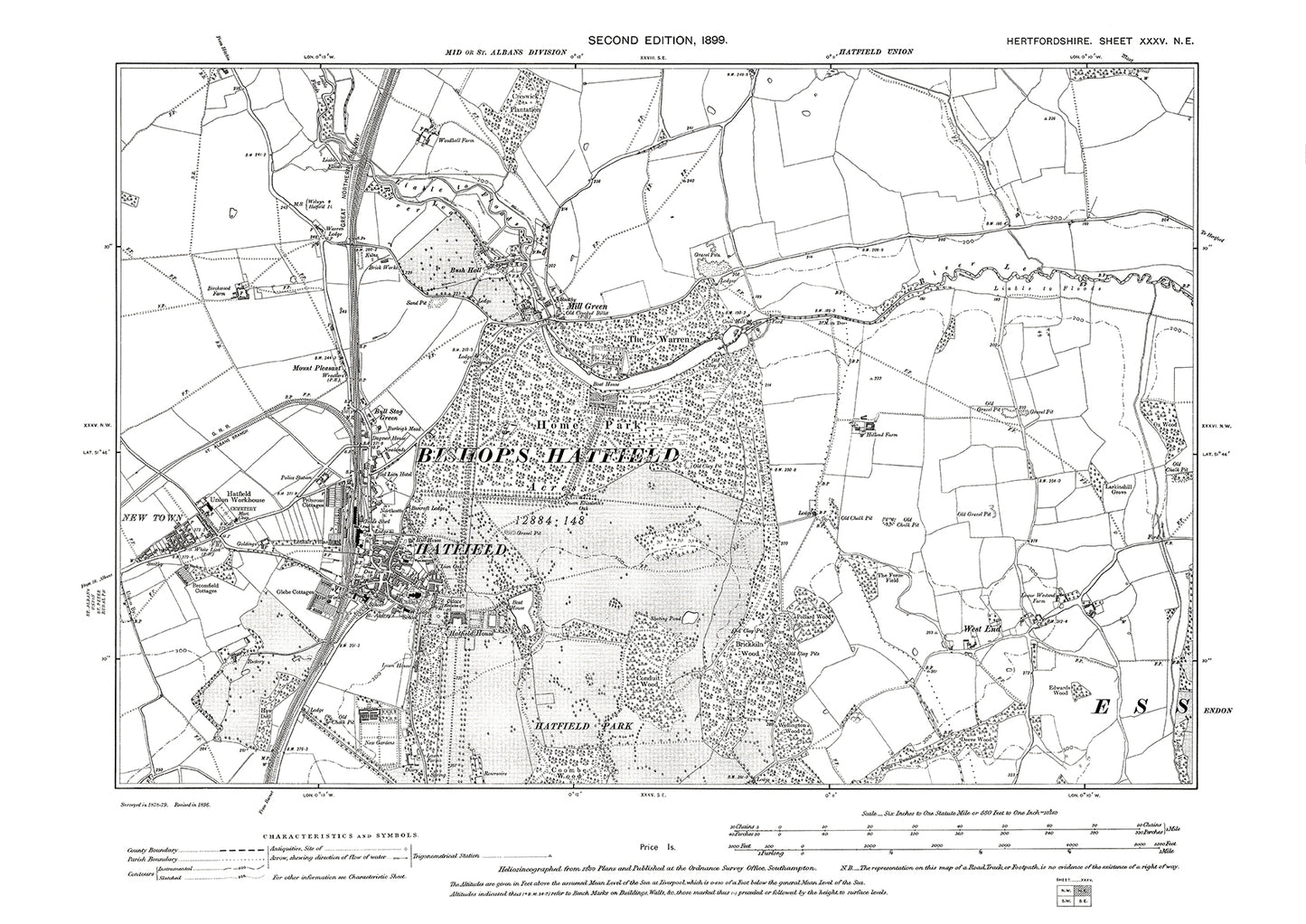 Old OS map dated 1899, showing Hatfield in Hertfordshire - 35NE