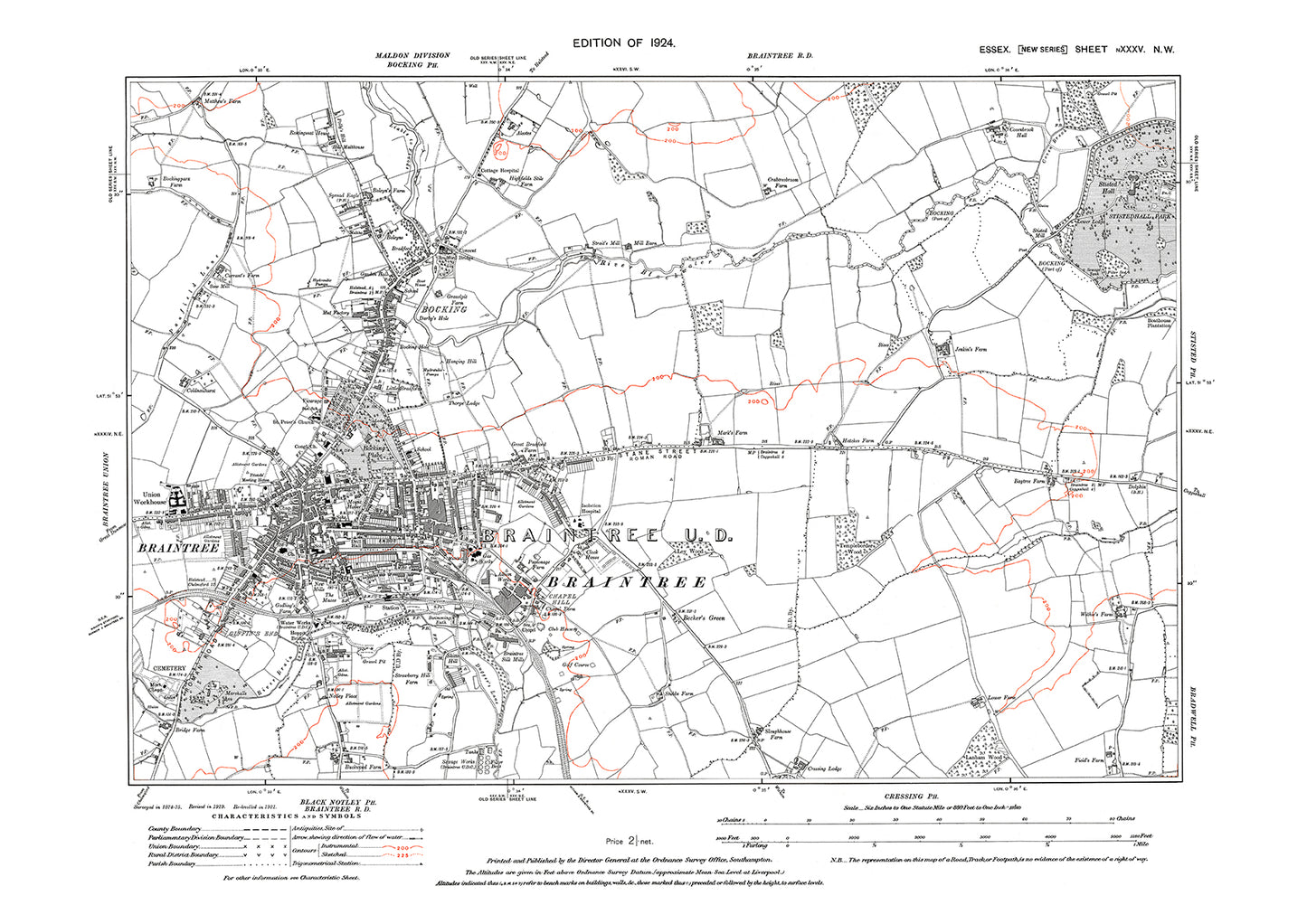 Old OS map dated 1923, showing Braintree and Bocking in Essex - 35NW