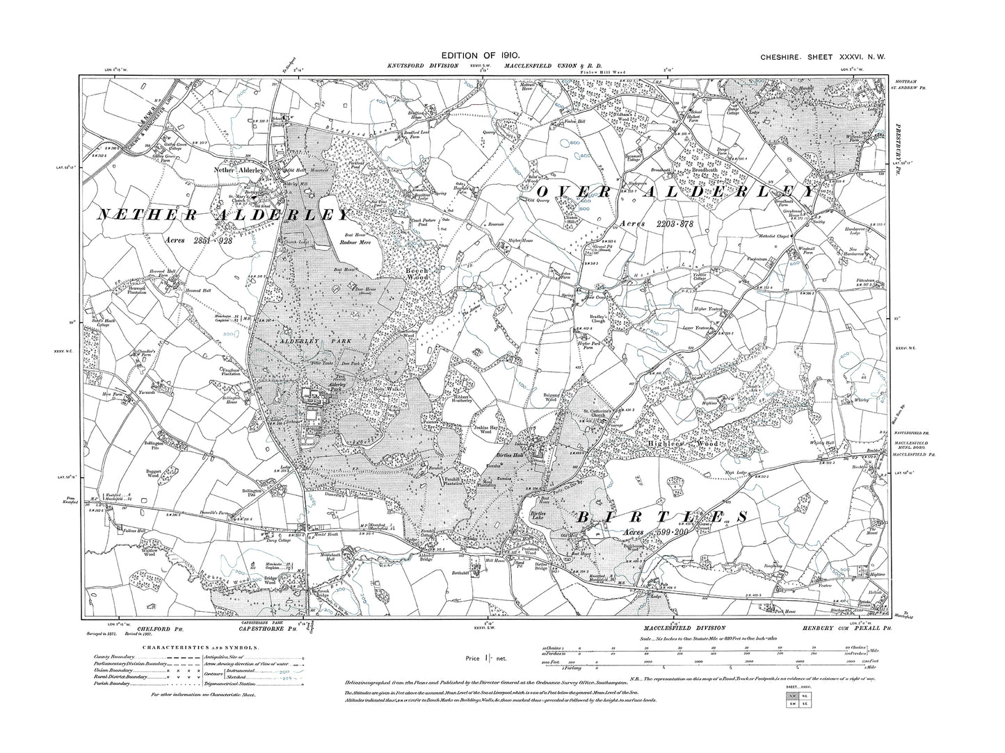 Old OS map dated 1910, showing Nether Alderley, Alderley Park, Birtles in Cheshire 36NW