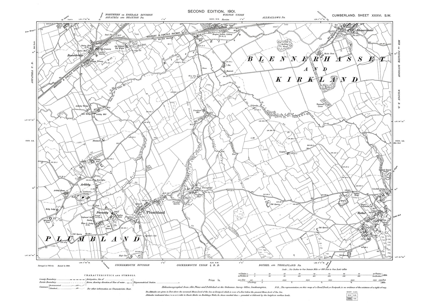 Old OS map dated 1901, showing Plumbland, Parsonby, Arkleby in Cumberland - 36SW
