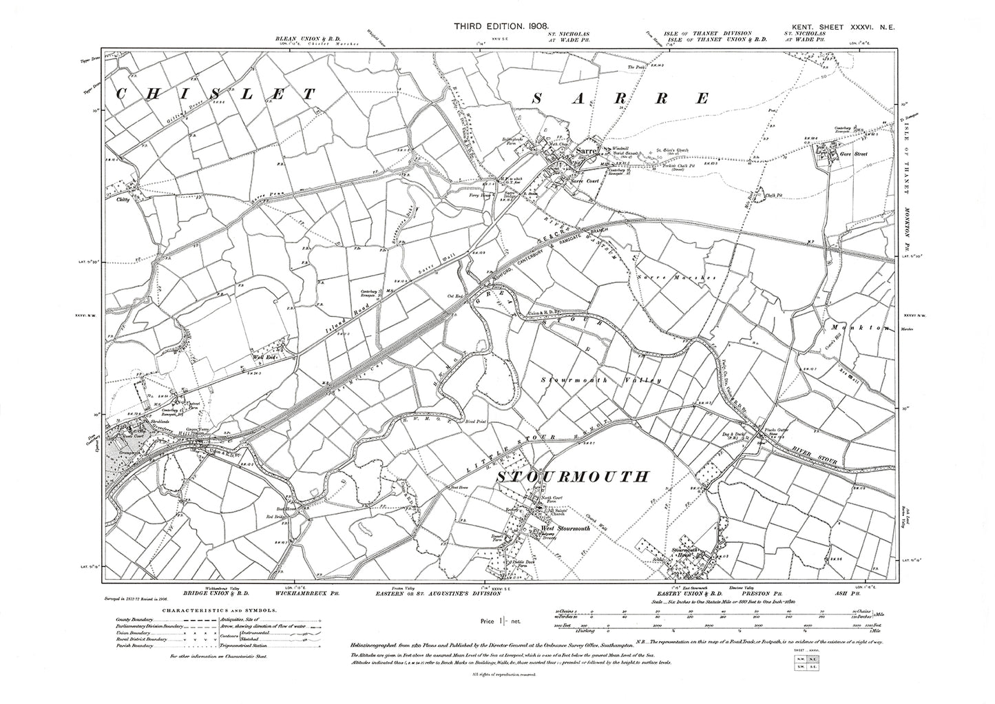 Sarre, Stourmouth, old map Kent 1908: 36NE