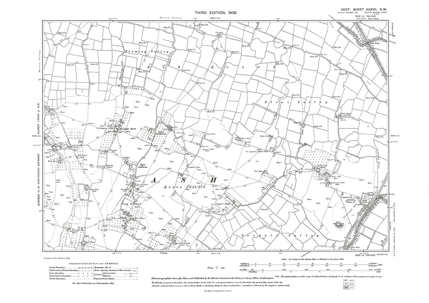 Ash, Richborough Castle, old map Kent 1908: 37SW