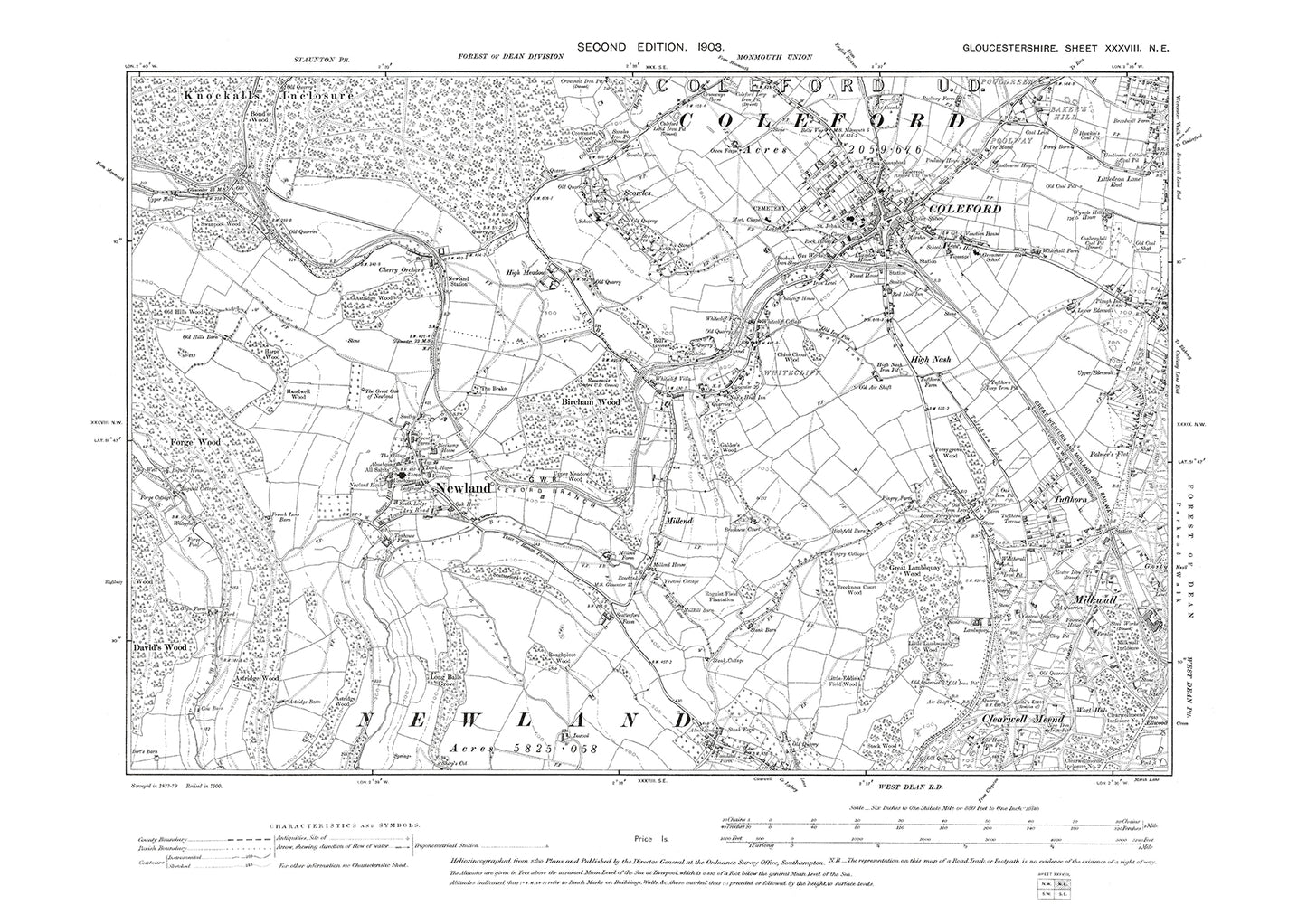 Old OS map dated 1903, showing Newland, Coleford, Whitecliff, Milkwall in Gloucestershire - 38NE
