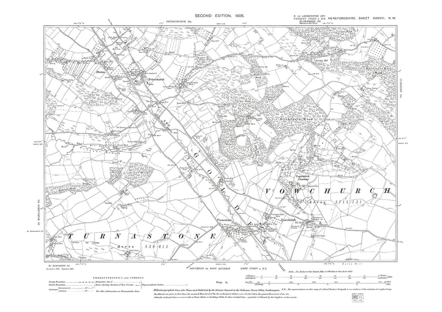 Old OS map dated 1905, showing Peterchurch, Vowchurch, Hinton in Herefordshire - 38NW