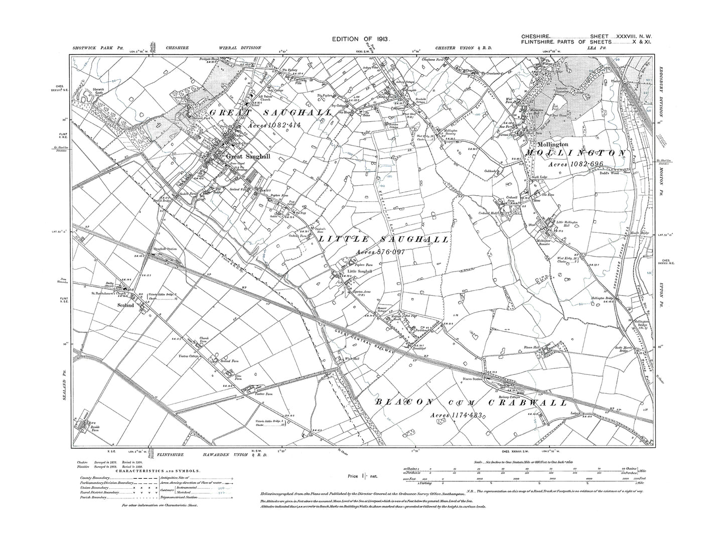 Old OS map dated 1913, showing Great Saughall, Little Saughall, Mollington in Cheshire 38NW