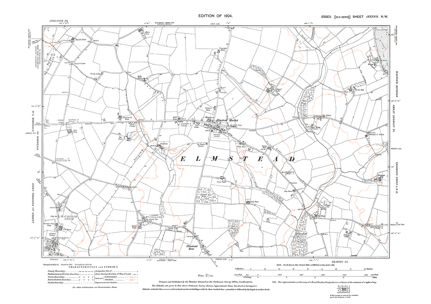 Old OS map dated 1924, showing Elmstead Market, Elmstead Row and Wivenhoe Cross in Essex - 38NW