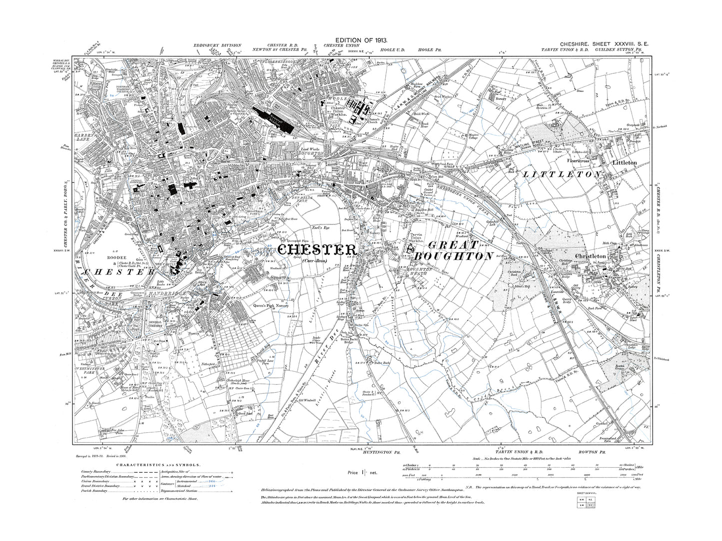 Old OS map dated 1913, showing Chester, Christleton, Littleton in Cheshire 38SE