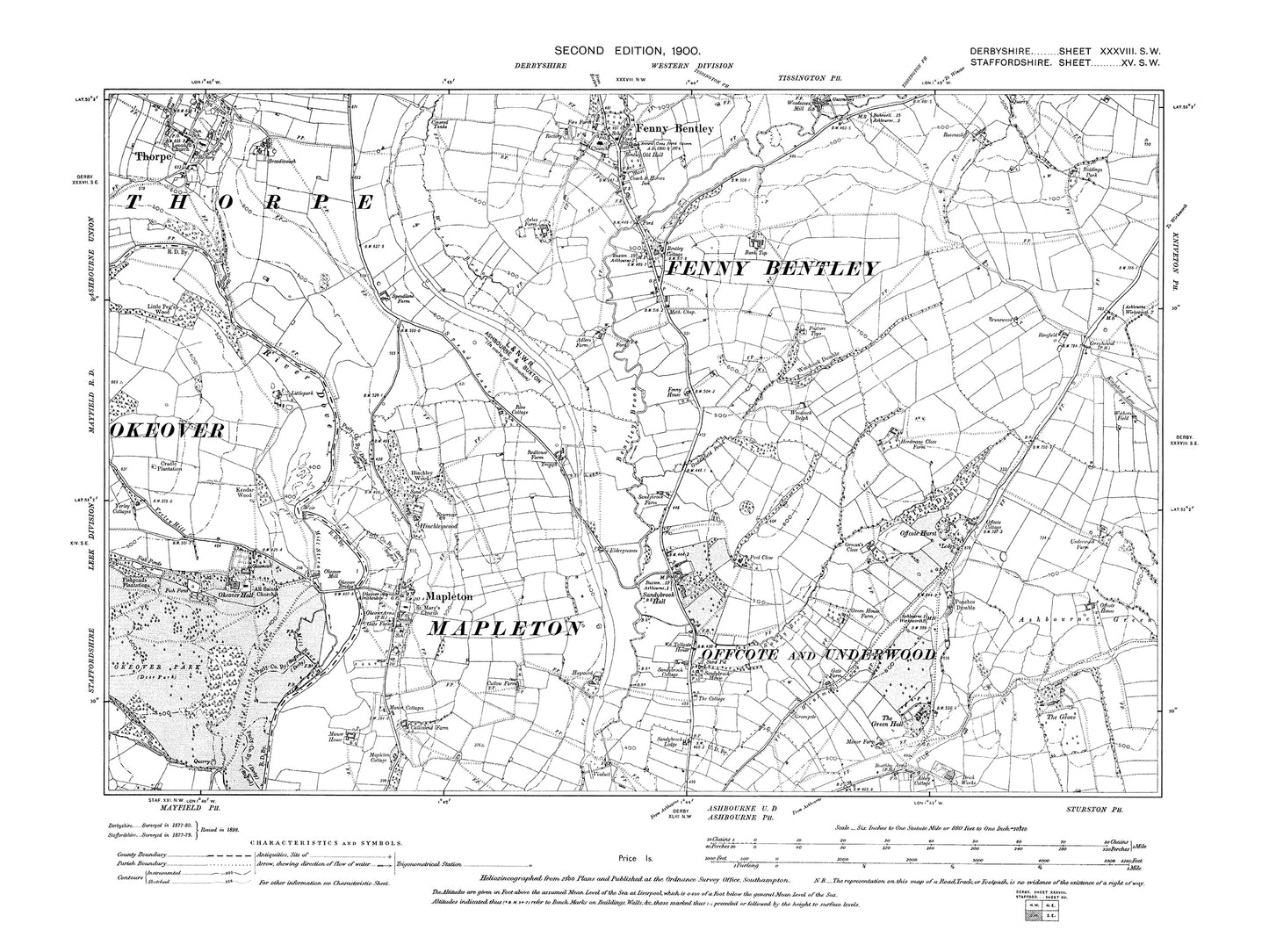 Old OS map dated 1900, showing Fenny Bentley, Thorpe, Mapleton in Derbyshire 38SW
