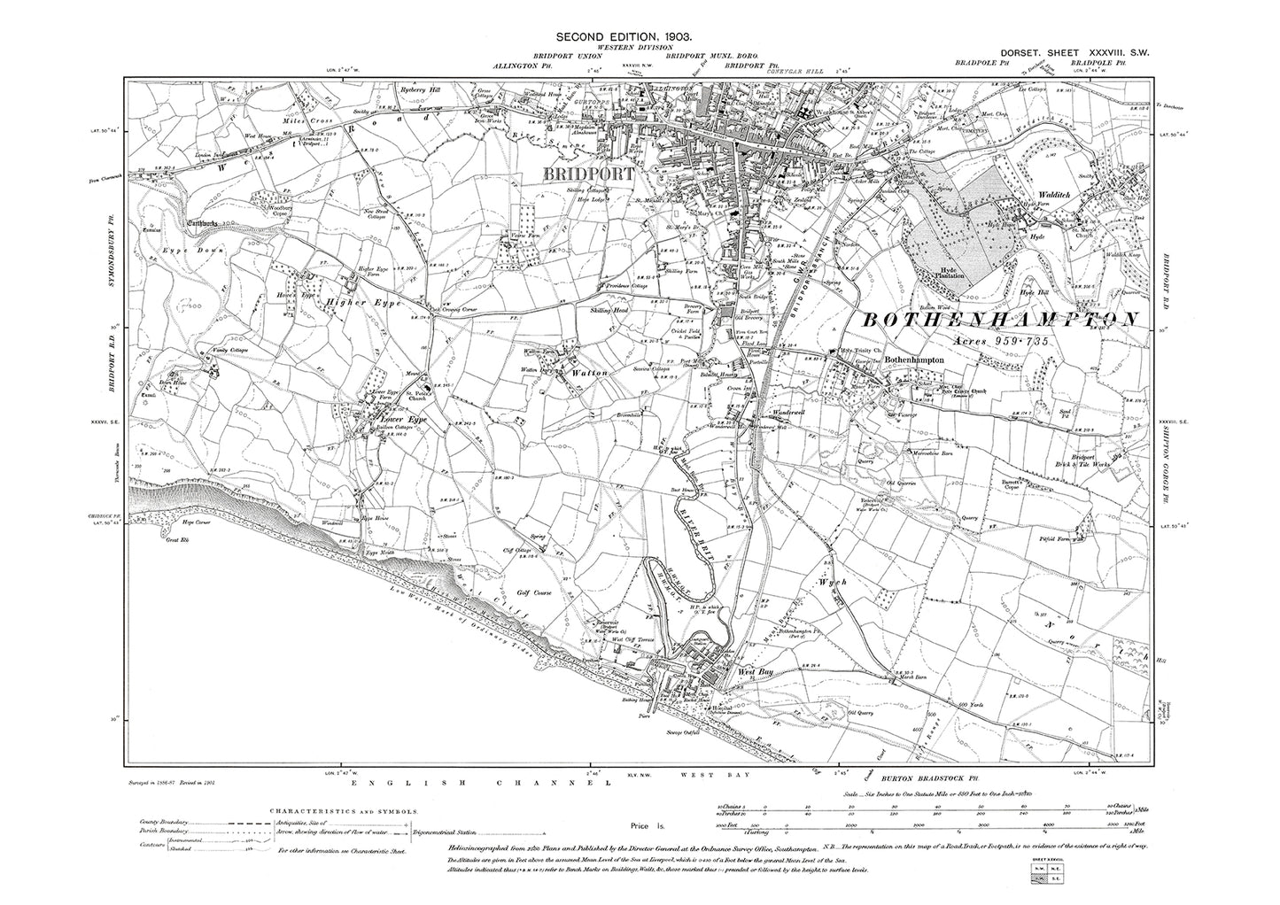 Old OS map dated 1903, showing Bridport, Bothenhampton, West Bay, Walditch, Eype in Dorset - 38SW