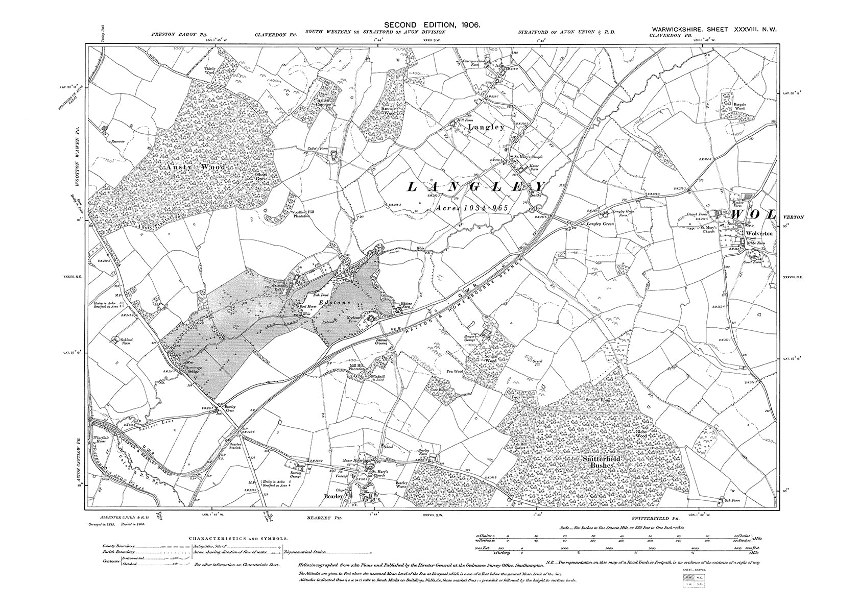Langley, Bearley, Wolverton, Edstone, old map Warwickshire 1906 38NW
