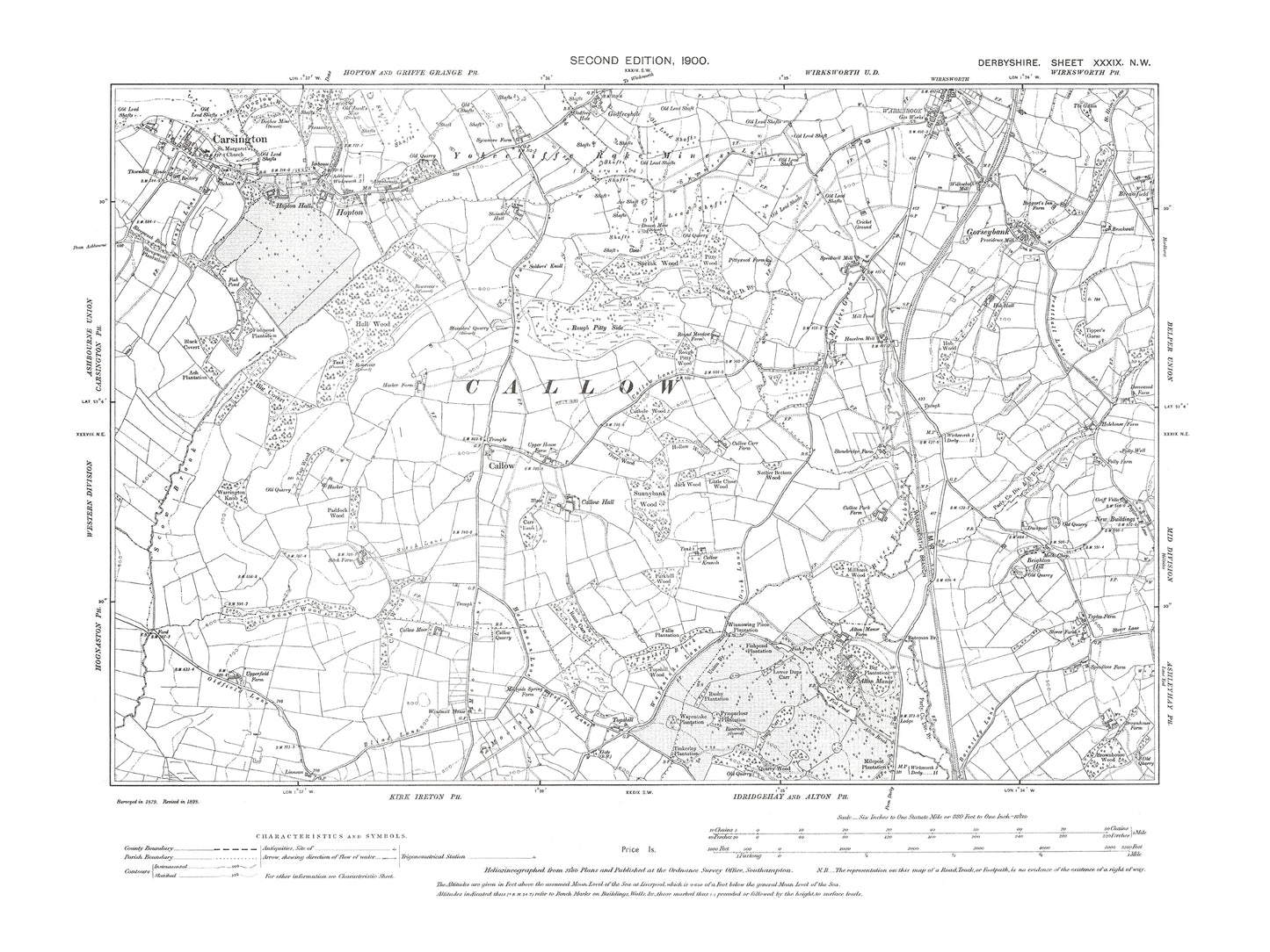Old OS map dated 1900, showing Carsington, Wirksworth (south) in Derbyshire 39NW