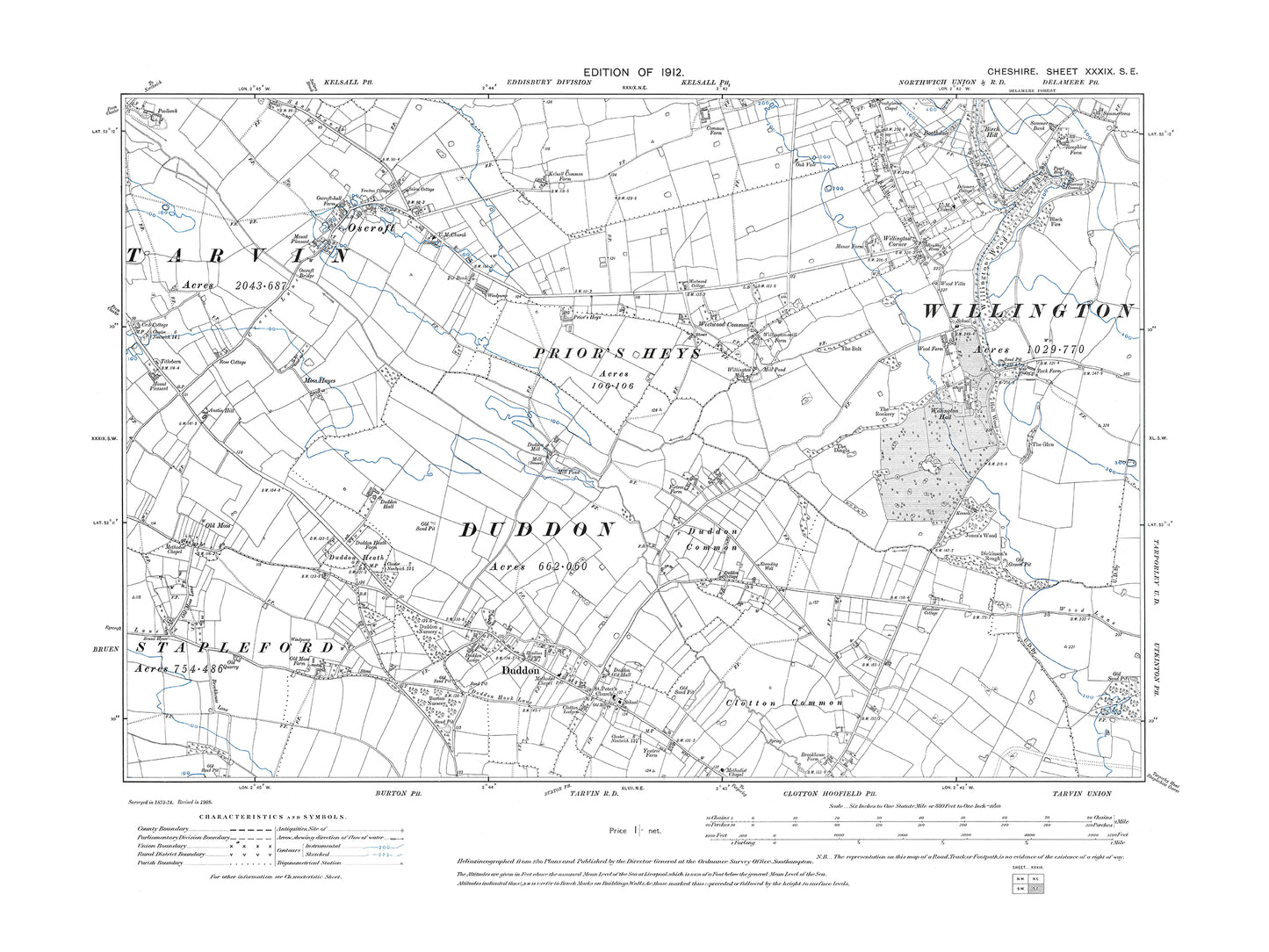 Old OS map dated 1912, showing Duddon, Willington, Oscroft in Cheshire 39SE