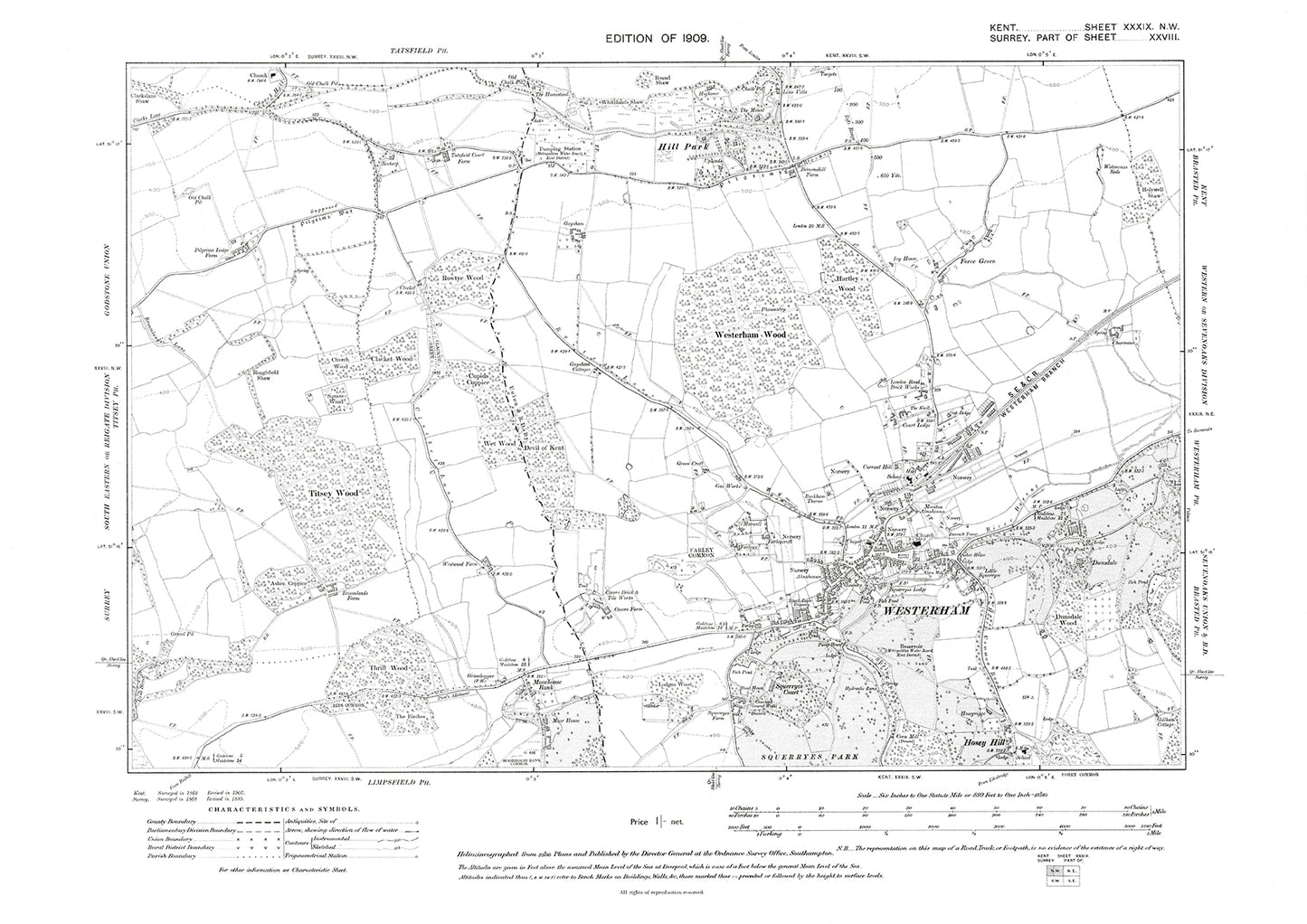 Westerham, old map Kent 1909: 39NW