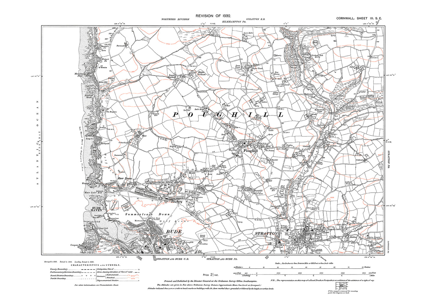 Bude (north), Stratton, Poughill, old map Cornwall 1932: 3SE