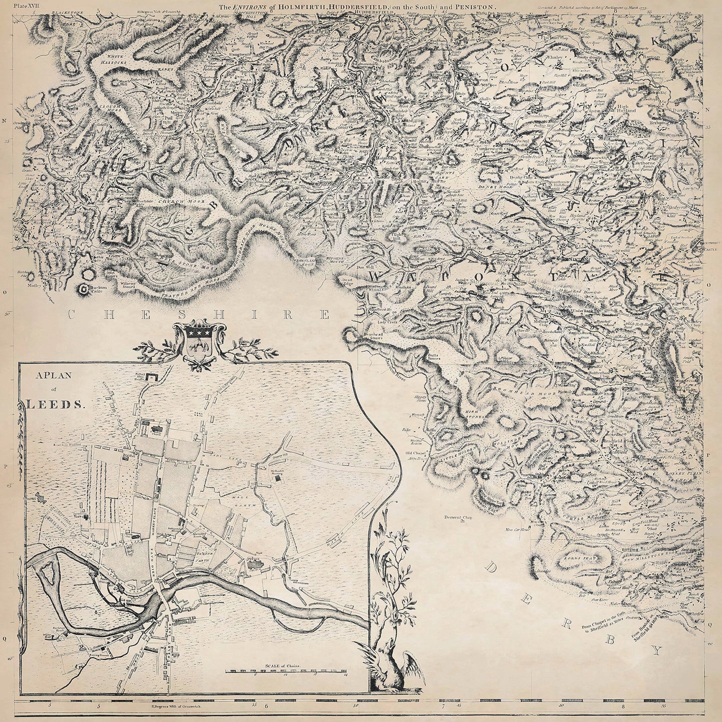 Yorkshire in 1771 sheet 4-1 - features a Plan of Leeds and shows the Holmfirth, Huddersfield (south), and Penistone area