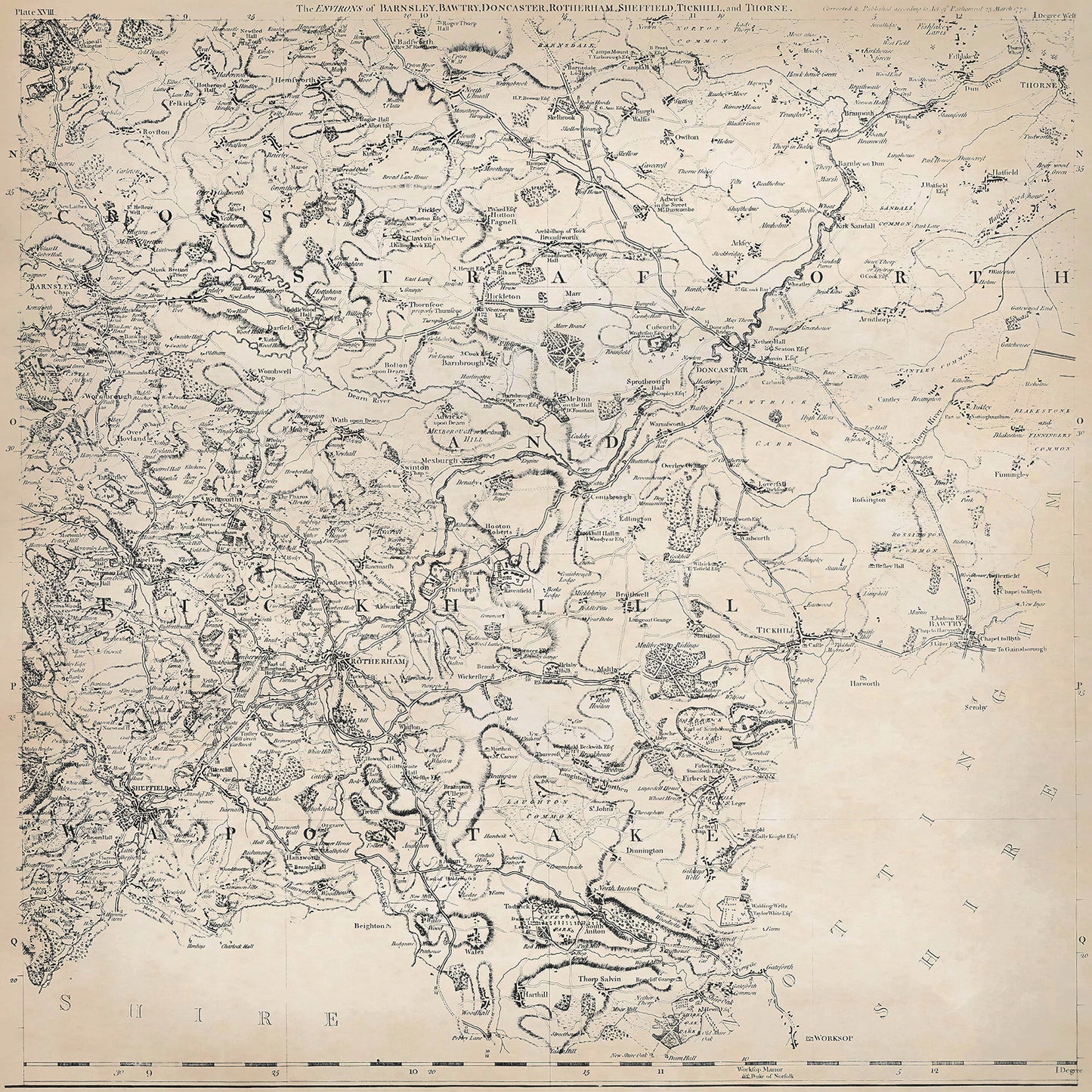 Yorkshire in 1771 sheet 4-2 - shows the Barnsley, Bawtry, Doncaster, Rotherham, Sheffield, Tickhill and Thorne area