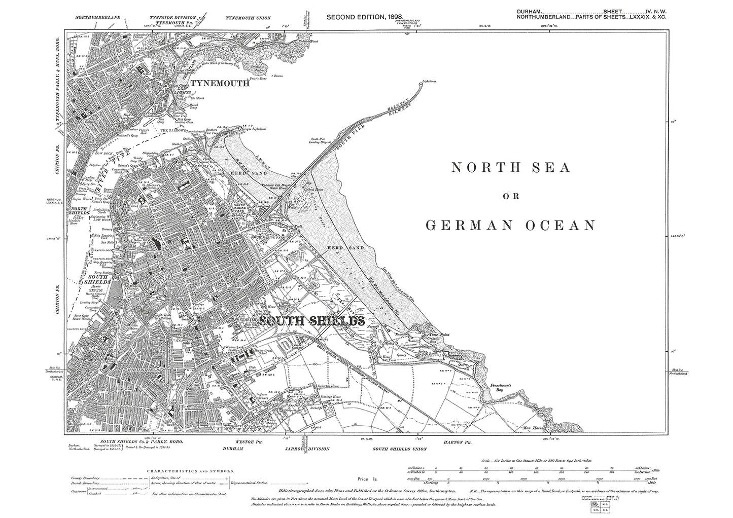 Old OS map dated 1898, showing South Shields in Durham - 4NW
