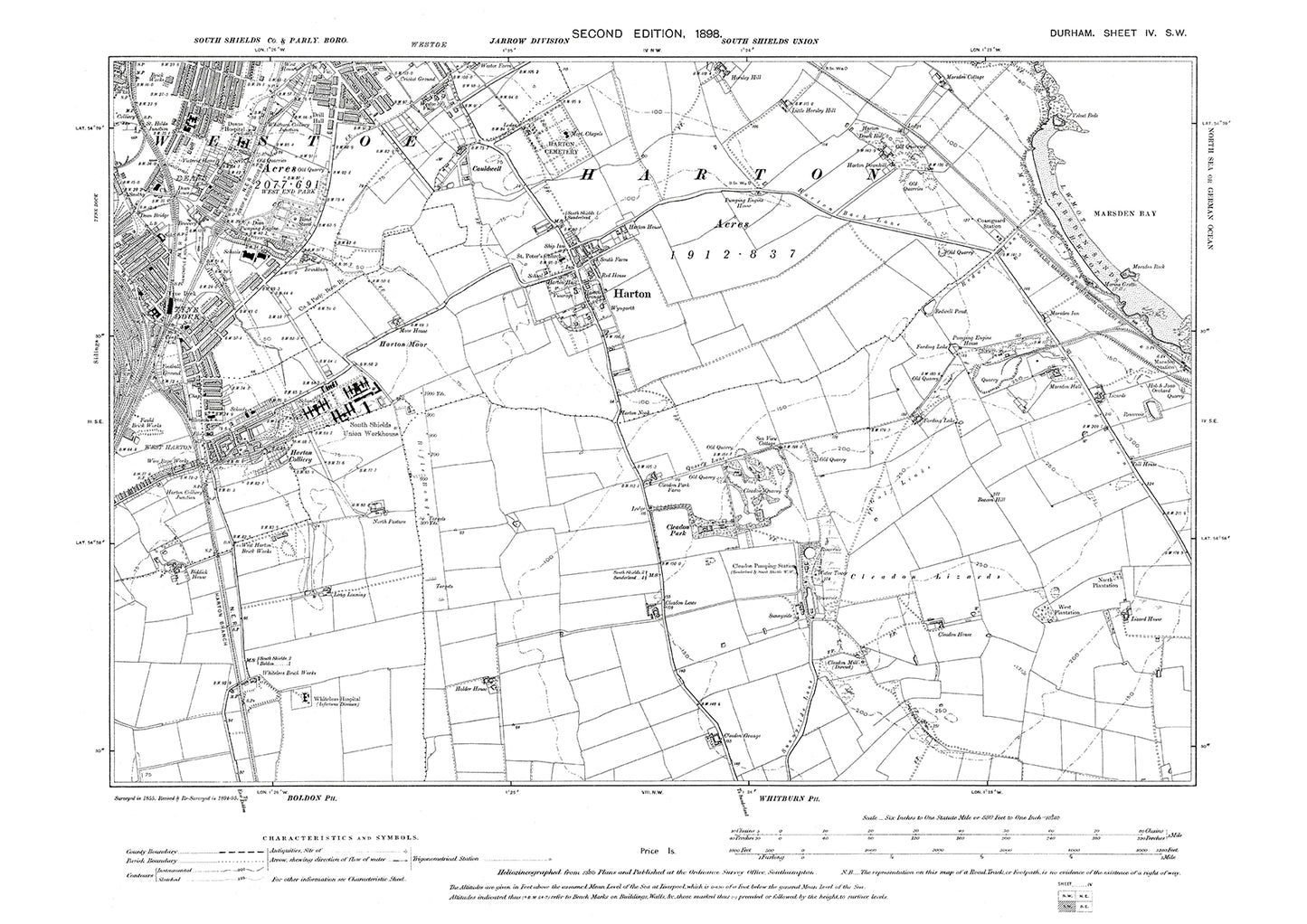 Old OS map dated 1898, showing South Shields (southeast) and Harton in Durham - 4SW
