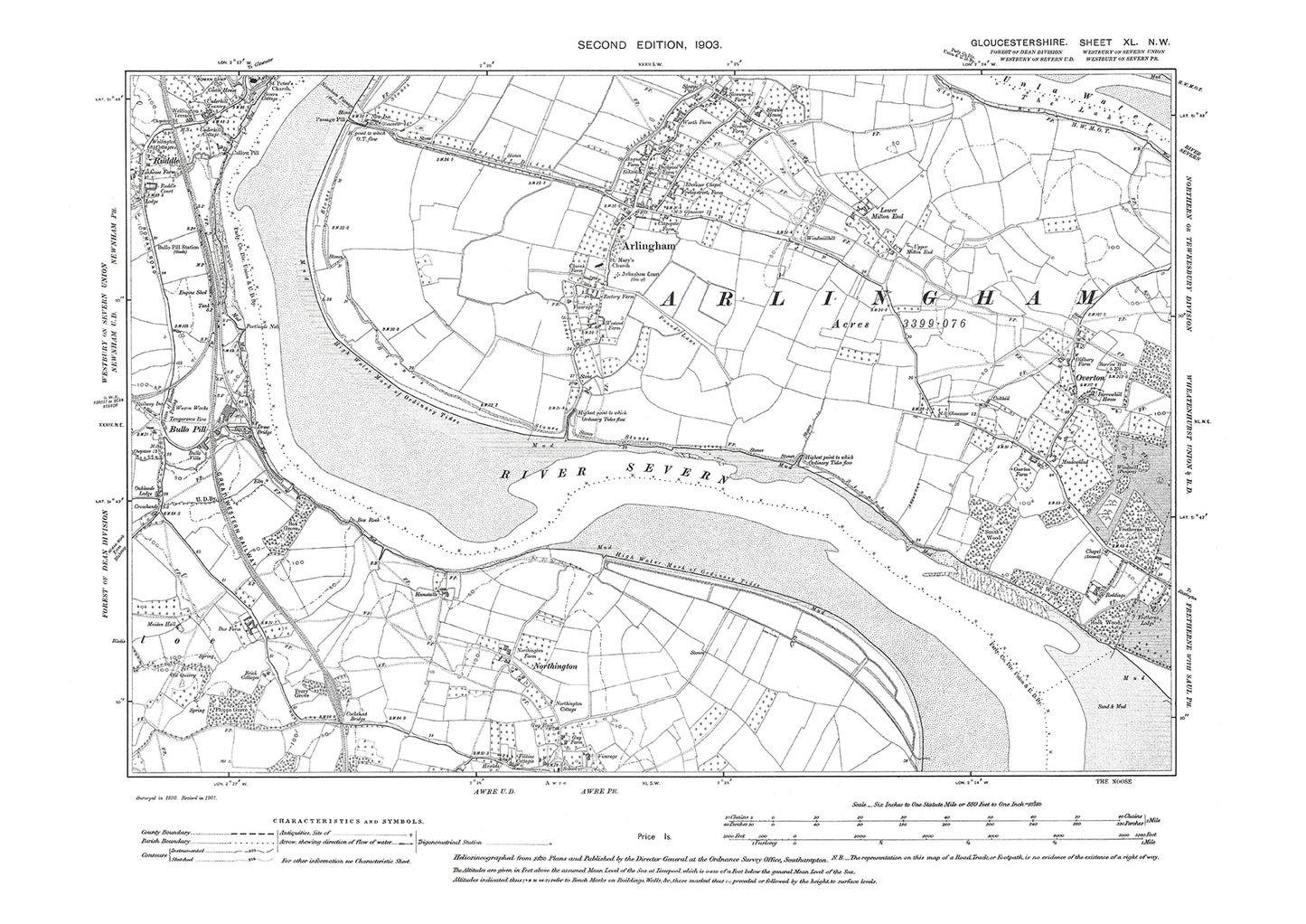 Old OS map dated 1903, showing Arlingham, Awre (north) in Gloucestershire - 40NW