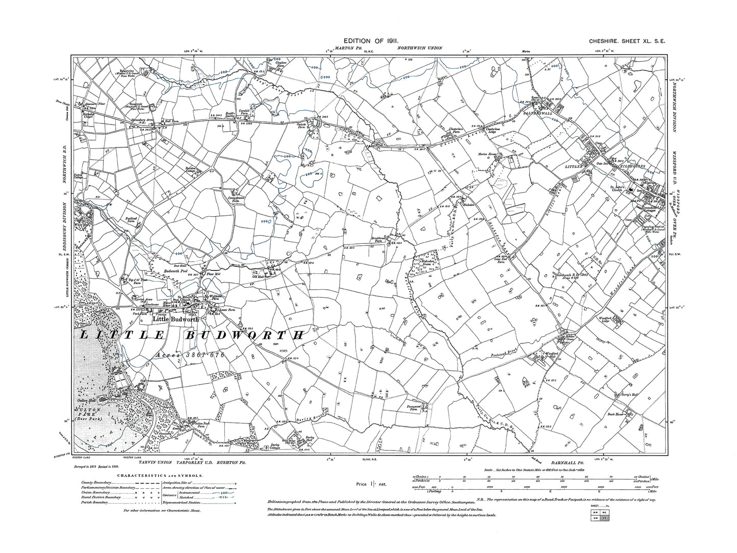 Old OS map dated 1911, showing Little Budworth, Over (west) in Cheshire 40SE
