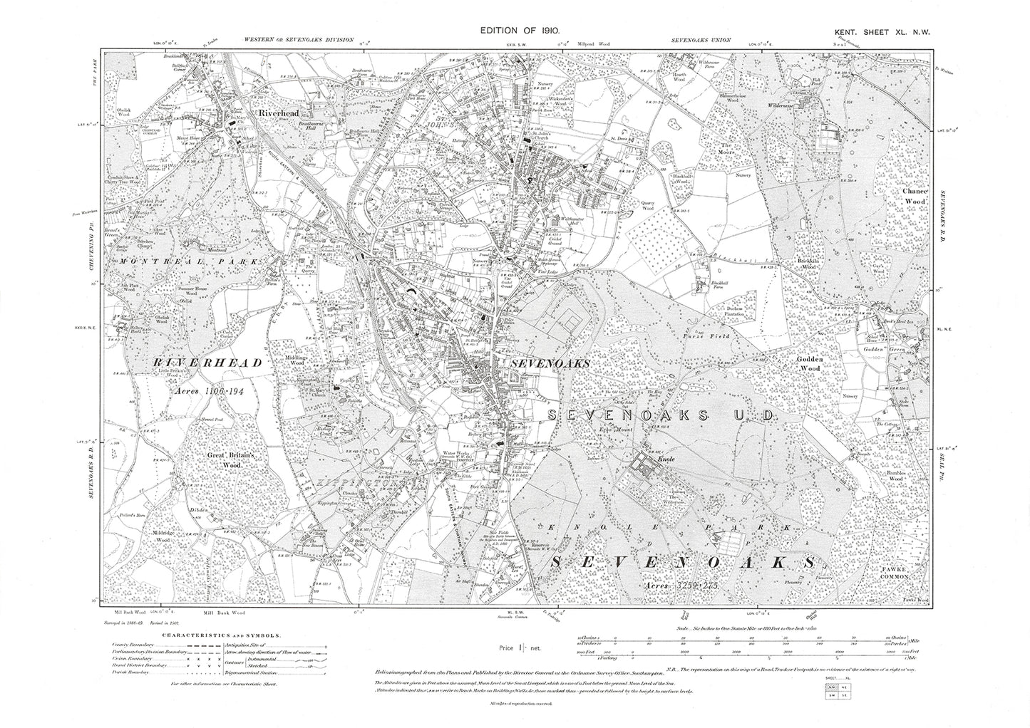Sevenoaks, old map Kent 1910: 40NW