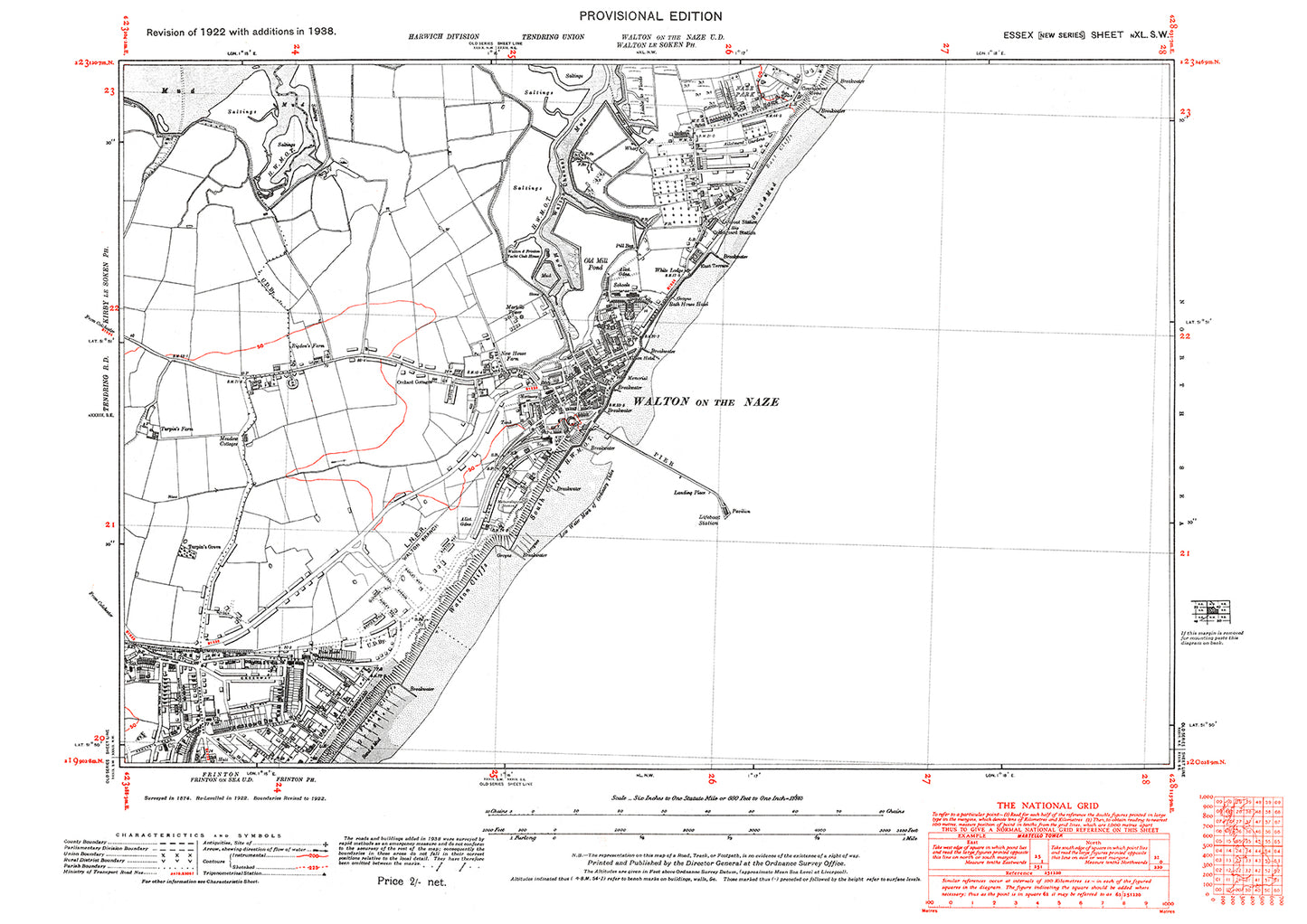 Old OS map dated 1938, showing Walton on the Naze and Frinton (northeast) in Essex - 40SW