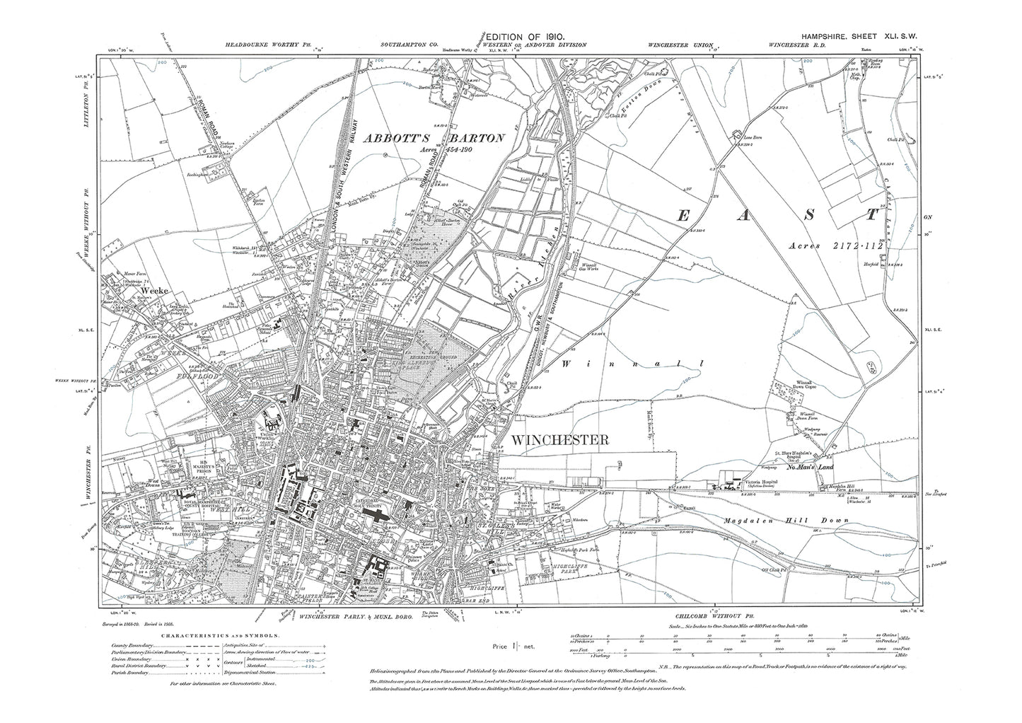 Old OS map dated 1910, showing Winchester, Weeke in Hampshire - 41SW