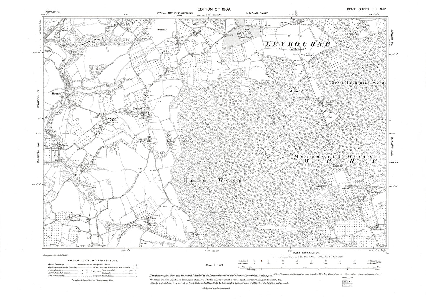 West Malling (south), Wateringbury (north), old map Kent 1909: 41NE