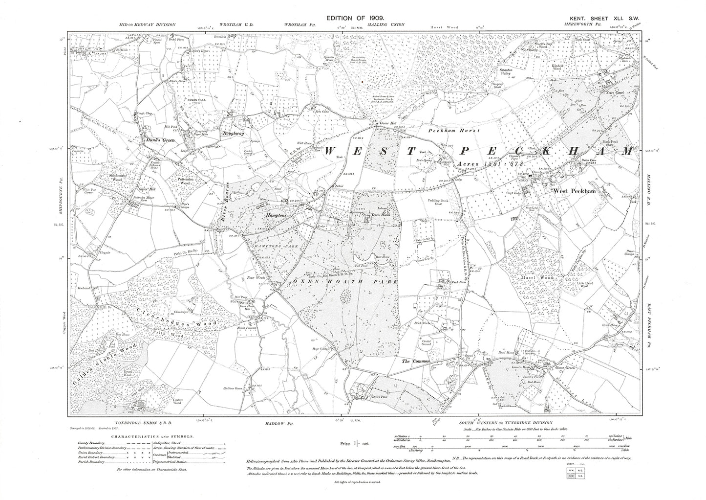 West Peckham, Dunks Green, old map Kent 1909: 41SW