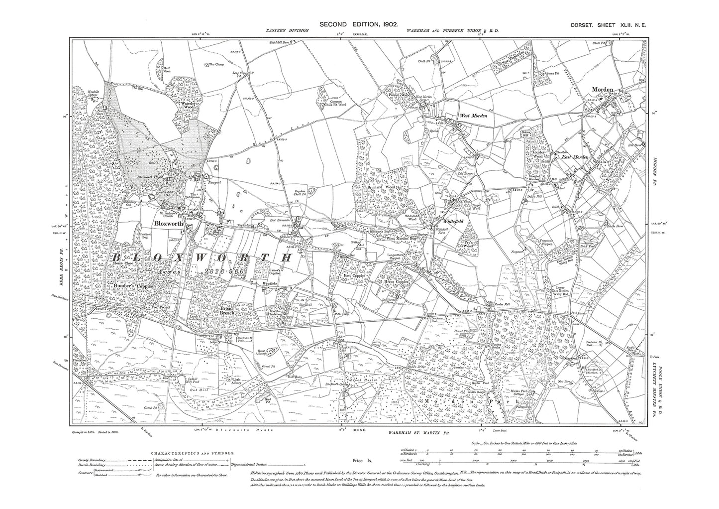 Old OS map dated 1902, showing Bloxworth, Morden in Dorset - 42NE