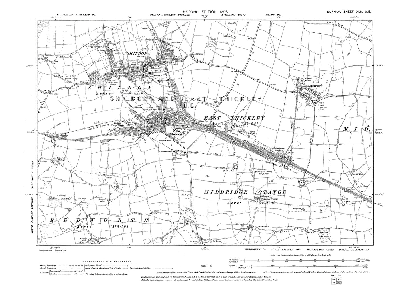 Old OS map dated 1898, showing Shildon and Middridge in Durham - 42SE