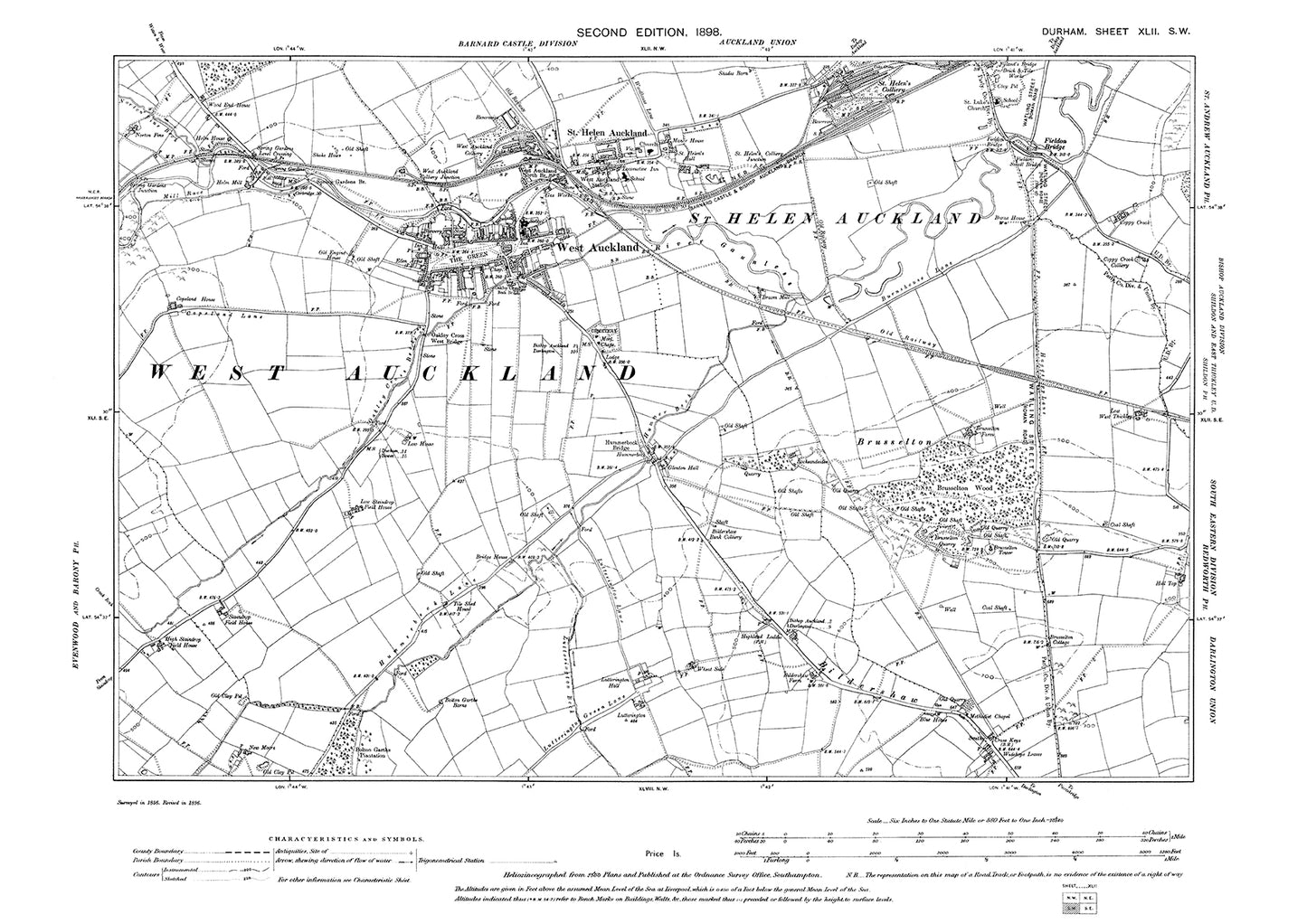 Old OS map dated 1898, showing West Auckland and St Helen Auckland in Durham - 42SW