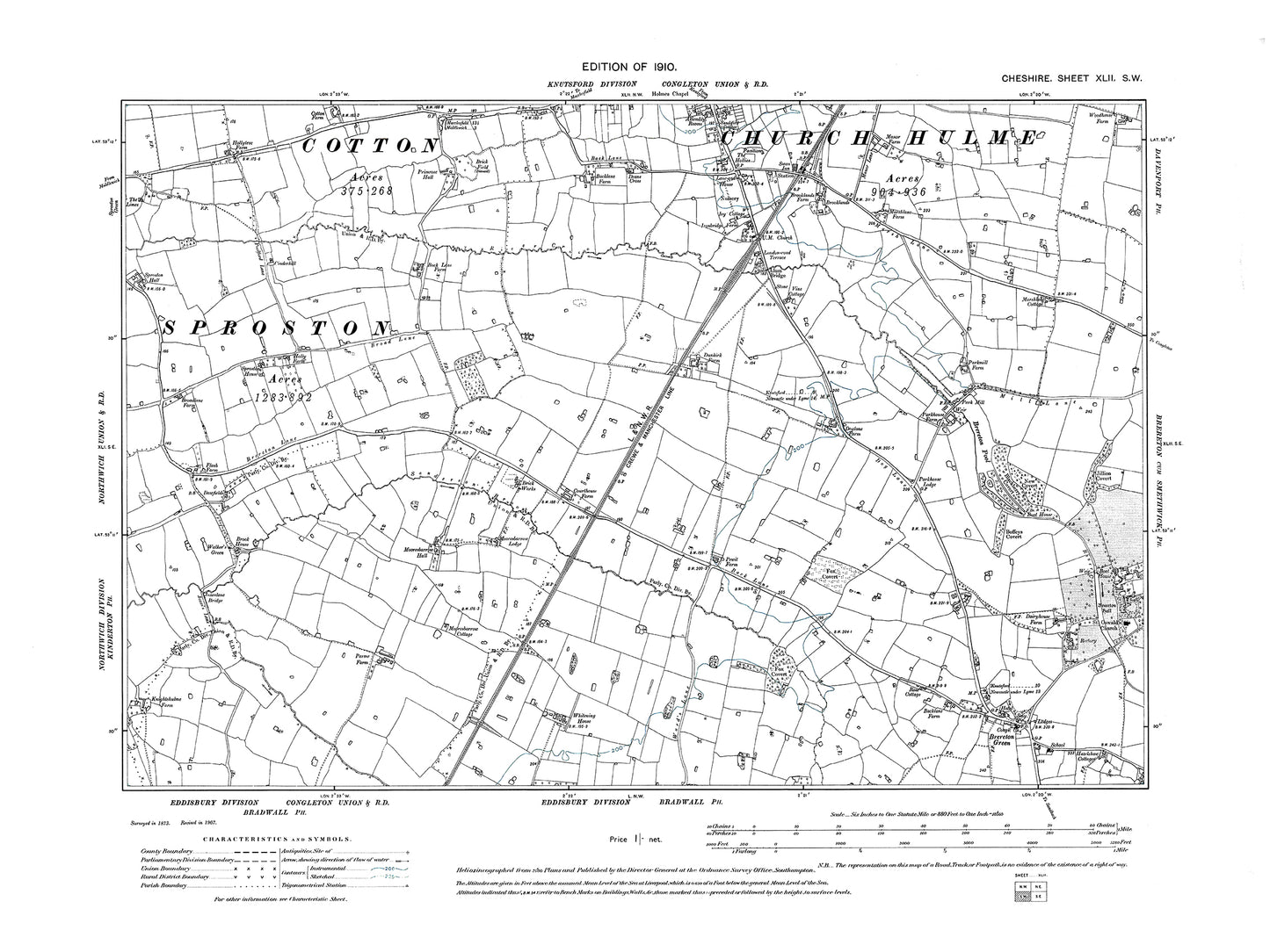 Old OS map dated 1910, showing Holmes Chapel (south), Brereton Green in Cheshire 42SW